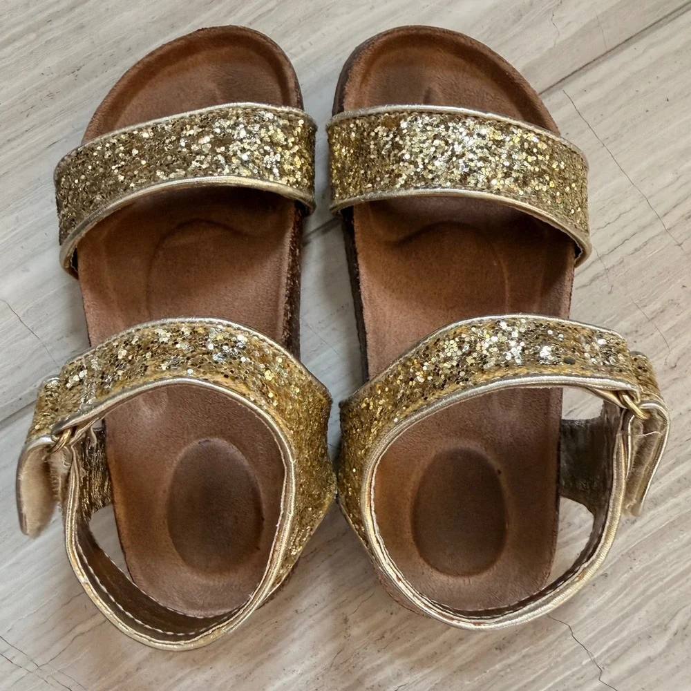 J.Crew Crewcuts Glitter Cork Sandals Gold Glam Vacation Going Out AV747 K10 EUC